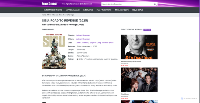 Security scan screenshot of https://flickdirect.com/movies/11441/sisu-road-to-revenge/movie.ashx