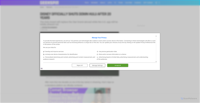 Security scan screenshot of https://geekspin.co/disney-officially-shuts-down-hulu-after-20-years/