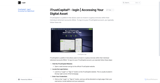 Security scan screenshot of https://itrustcapitaloogin.gitbook.io/us/
