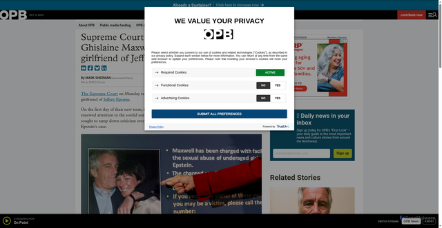 Security scan screenshot of https://www.opb.org/article/2025/10/06/supreme-court-rejects-appeal-from-ghislaine-maxwell-imprisoned-former-girlfriend-of-jeffrey-epstein/