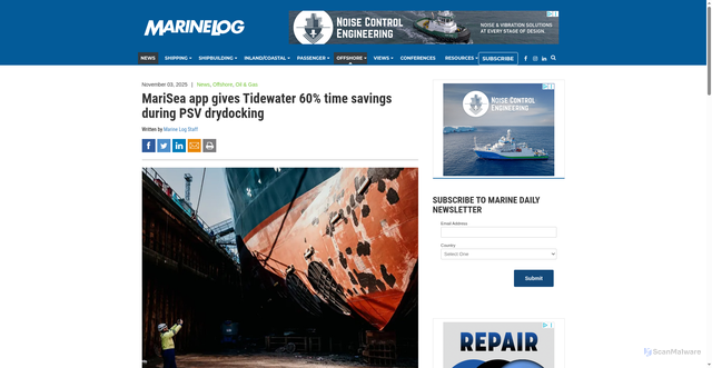 Security scan screenshot of https://www.marinelog.com/offshore/marisea-app-gives-tidewater-60-time-savings-during-psv-drydocking/