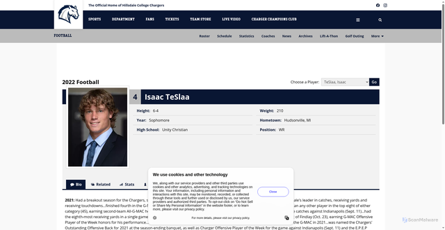 Security scan screenshot of https://hillsdalechargers.com/sports/football/roster/isaac-teslaa/1717
