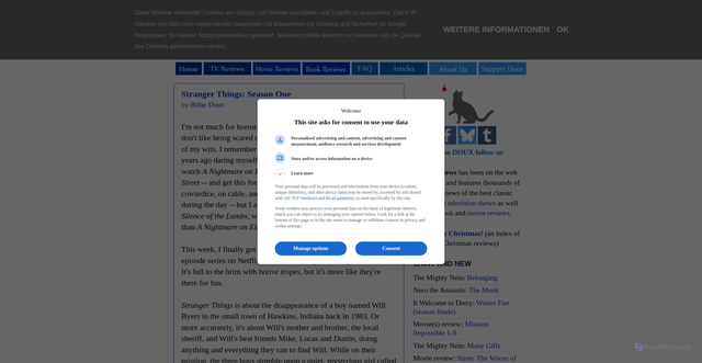 Security scan screenshot of https://www.douxreviews.com/2016/08/stranger-things.html