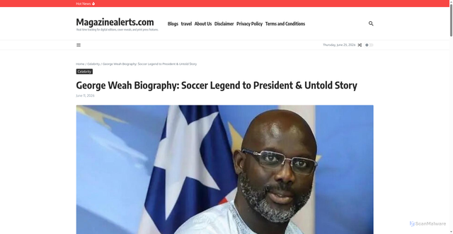 Security scan screenshot of https://magazinealerts.com/george-weah/