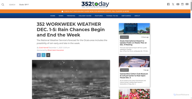 Security scan screenshot of https://352today.com/news/257752-352-workweek-weather-dec-1-5-rain-chances-begin-and-end-the-week/