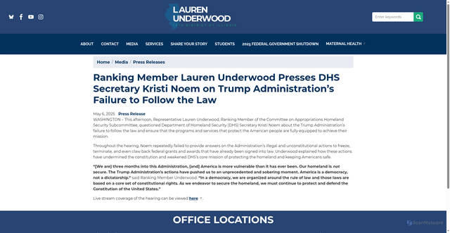Security scan screenshot of http://underwood.house.gov/media/press-releases/ranking-member-lauren-underwood-presses-dhs-secretary-kristi-noem-trump