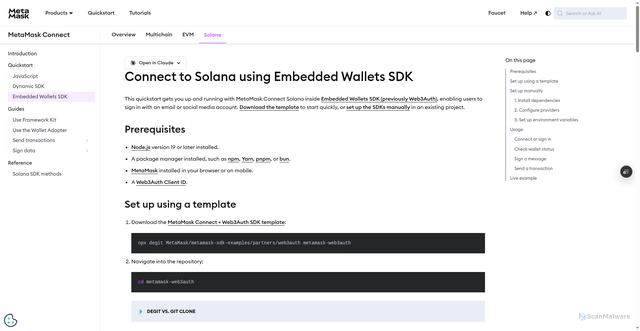 Security scan screenshot of http://metamask-docs-l8lvh00ol-consensys-ddffed67.vercel.app/sdk/solana/connect/quickstart/web3auth/