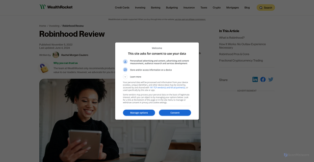 Security scan screenshot of https://www.wealthrocket.com/investing/robinhood-review/