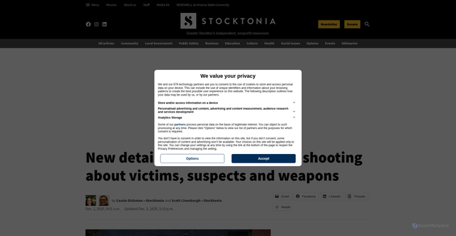 Security scan screenshot of https://stocktonia.org/news/public-safety/2025/12/01/stockton-shooting-childrens-party-updates-emerge/