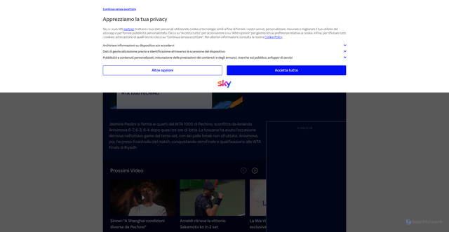 Security scan screenshot of https://sport.sky.it/tennis/video/2025/10/02/paolini-anisimova-wta-pechino-highlights-1040420