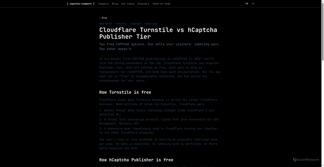 Security scan screenshot of https://captcha-compare.pages.dev/blog/cloudflare-turnstile-vs-hcaptcha-publisher-tier/
