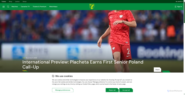 Security scan screenshot of https://www.canaries.co.uk/content/international-preview-placheta-earns-first-senior-poland-call-up