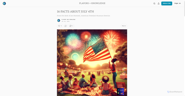 Security scan screenshot of https://flavorsandknowledge.substack.com/p/16-facts-about-july-4th