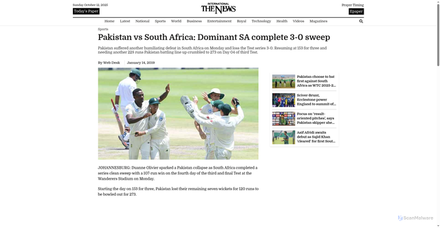 Security scan screenshot of https://www.thenews.com.pk/latest/418955-pakistan-vs-south-africa-proteas-wrap-up-series-clean-sweep