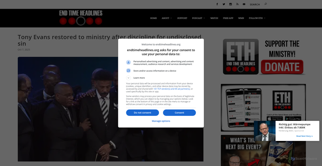 Security scan screenshot of https://endtimeheadlines.org/2025/10/tony-evans-restored-to-ministry-after-discipline-for-undisclosed-sin/