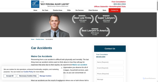 Security scan screenshot of https://www.peter-thompson-associates.com/practice-areas/car-accidents/