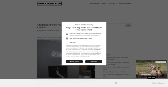 Security scan screenshot of https://andystravelblog.com/2018/04/10/american-airlines-refreshed-admirals-club-at-dfw-airport-is-open/