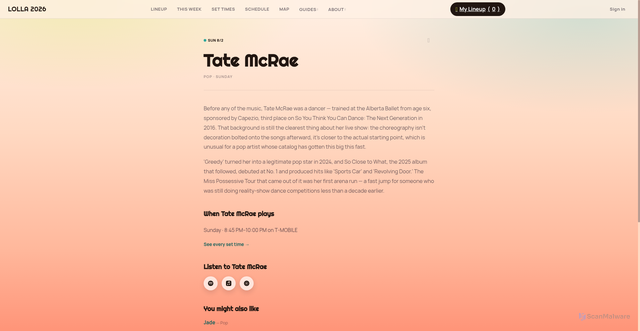 Security scan screenshot of https://www.fesnova.com/lollapalooza-2026/artist/tate-mcrae