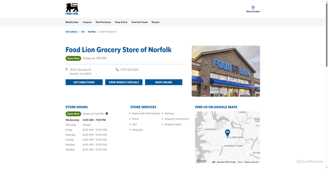 Security scan screenshot of https://stores.foodlion.com/va/norfolk/3530-tidewater-dr