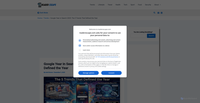 Security scan screenshot of https://readerescape.com/trends/google-year-in-search-2025/