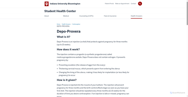 Security scan screenshot of https://healthcenter.indiana.edu/health-answers/contraception/depo-provera.html