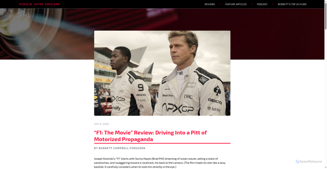 Security scan screenshot of https://foolswhodreammovies.com/f1-the-movie-review-driving-into-a-pitt-of-motorized-propaganda/