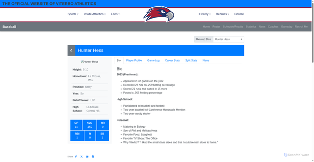 Security scan screenshot of https://viterbo.prestosports.com/sports/bsb/2023-24/bios/hess_hunter_un1h