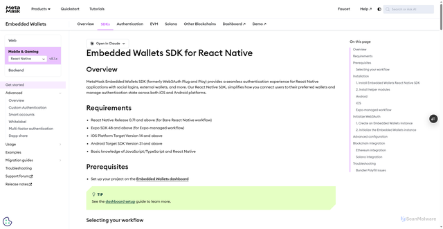 Security scan screenshot of https://metamask-docs-l8lvh00ol-consensys-ddffed67.vercel.app/embedded-wallets/sdk/react-native