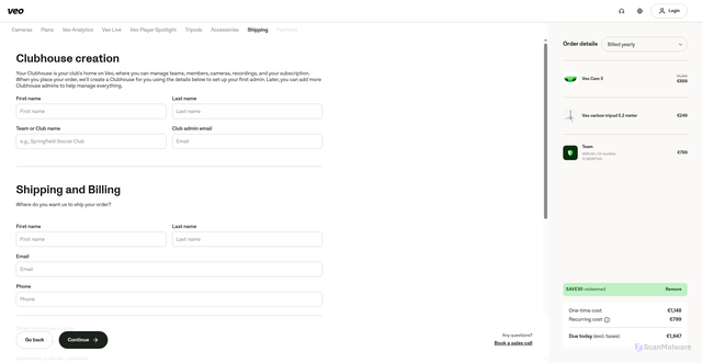 Security scan screenshot of https://app.veo.co/checkout?device=veocam&prefill=100CAM002&prefill=510TEA001&prefill=240TRI001&billingFrequency=Annual&promoCode=SAVE30&prefillStep=shipping&initBasketOpen=true=20