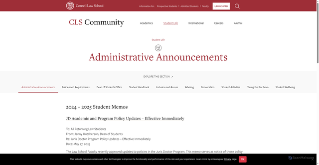 Security scan screenshot of https://community.lawschool.cornell.edu/student-life/administrative-announcements/