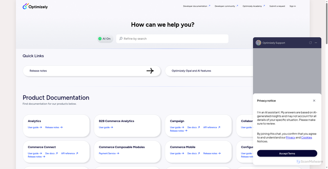 Security scan screenshot of https://support.optimizely.com