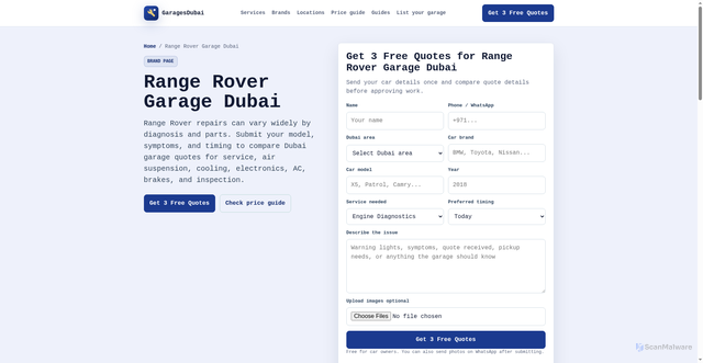 Security scan screenshot of https://garagedubai.pages.dev/range-rover-garage-dubai
