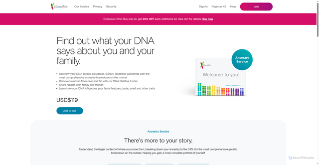 Security scan screenshot of https://www.23andme.com/?srsltid=AfmBOoqlwCxb0vlCUSkRYg8IdDLmQlnSOxhwVUOPVYbPj1O1V25sYgNB