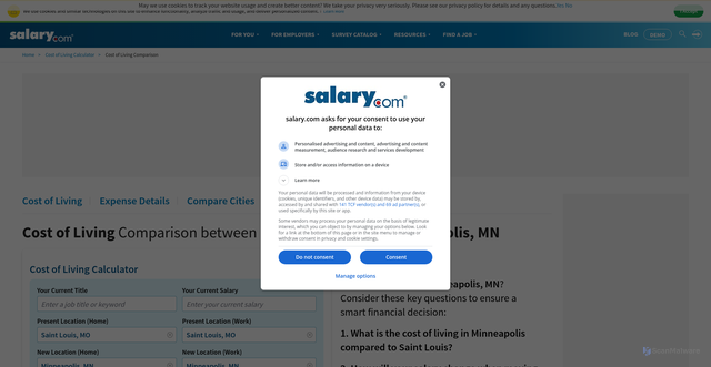 Security scan screenshot of https://www.salary.com/research/cost-of-living/compare/saint-louis-mo/minneapolis-mn