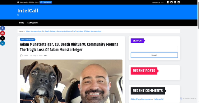 Security scan screenshot of https://intelcall.info/adam-munsterteiger-cu-death-obituary-community-mourns-the-tragic-loss-of-adam-munsterteiger/
