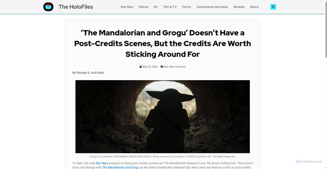 Security scan screenshot of https://theholofiles.com/2026/05/22/the-mandalorian-and-grogu-doesnt-have-a-post-credits-scenes-but-the-credits-are-worth-sticking-around-for/