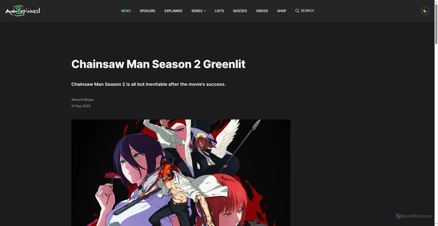 Security scan screenshot of https://www.animeexplained.com/news/chainsaw-man-season-2-greenlit/