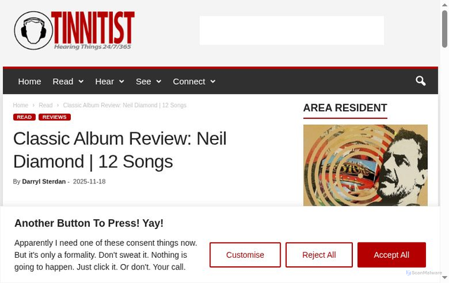 Security scan screenshot of https://tinnitist.com/2025/11/18/classic-album-review-neil-diamond-12-songs/