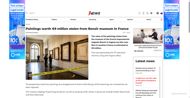 Security scan screenshot of https://1news.az/en/news/20260908121005698-Paintings-worth-9-million-stolen-from-Renoir-museum-in-France