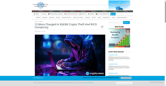 Security scan screenshot of https://www.gfmreview.com/crypto/12-more-charged-in-263m-crypto-theft-and-rico-conspiracy