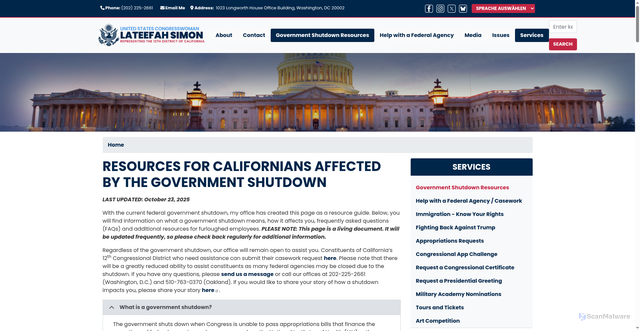 Security scan screenshot of http://simon.house.gov/shutdownresources