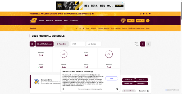 Security scan screenshot of https://cmuchippewas.com/sports/football/schedule