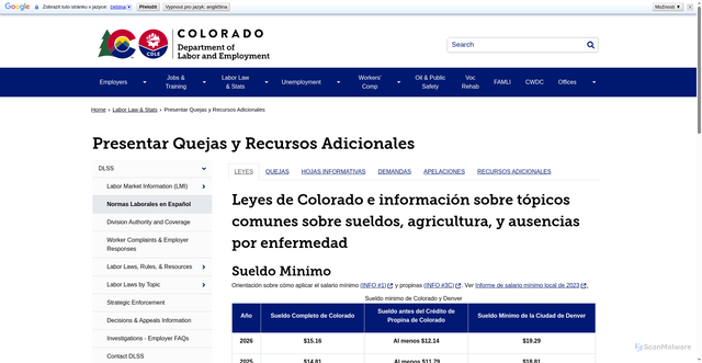 Security scan screenshot of https://cdle.colorado.gov/dlss/espanol