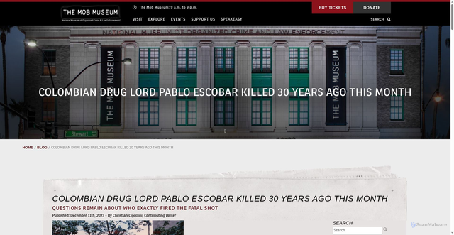Security scan screenshot of https://themobmuseum.org/blog/colombian-drug-lord-pablo-escobar-killed-30-years-ago-this-month/