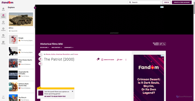Security scan screenshot of https://historical-films.fandom.com/wiki/The_Patriot_(2000)