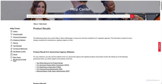 Security scan screenshot of https://customerservice-macys.com/articles/product-recalls