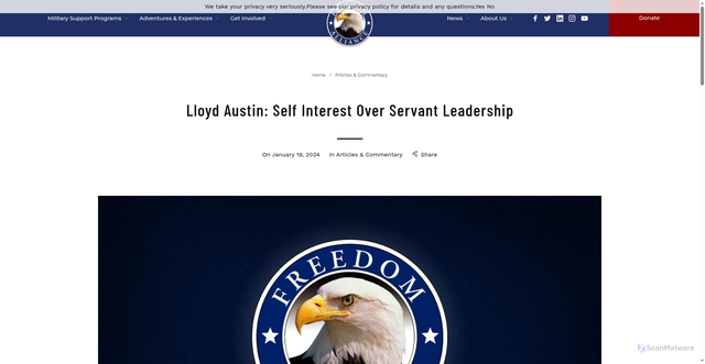 Security scan screenshot of https://freedomalliance.org/lloyd-austin-self-interest-over-servant-leadership/