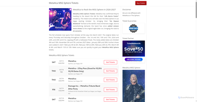 Security scan screenshot of https://www.metallicamsgsphere.com/