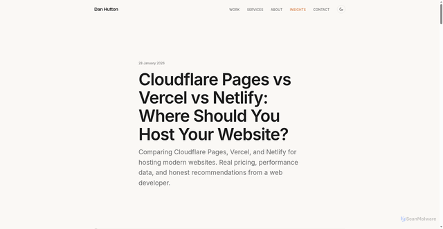 Security scan screenshot of https://danhutton.pages.dev/insights/cloudflare-vs-vercel-vs-netlify/