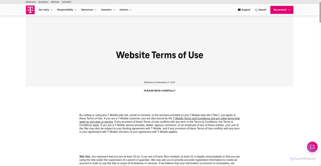 Security scan screenshot of https://www.t-mobile.com/responsibility/consumer-info/policies/terms-of-use